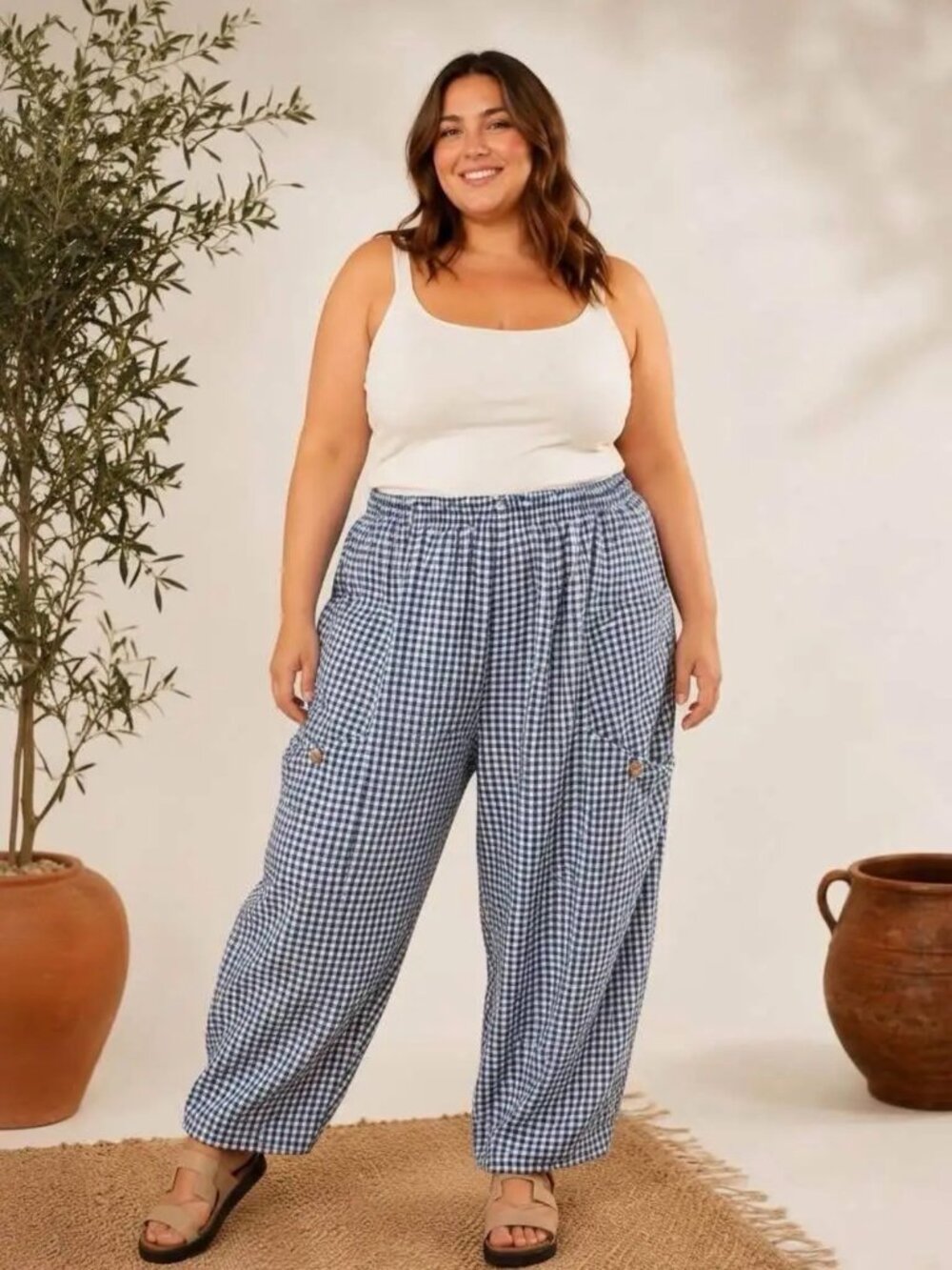 Made in Italy Viscose Gingham Barrel Pants - Navy - Fits up to Size 2X